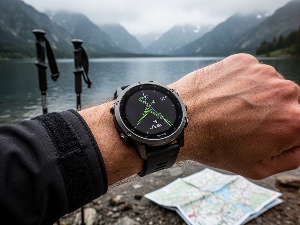Representative NORDVIK ATLAS GPS watch worn beside an alpine lake