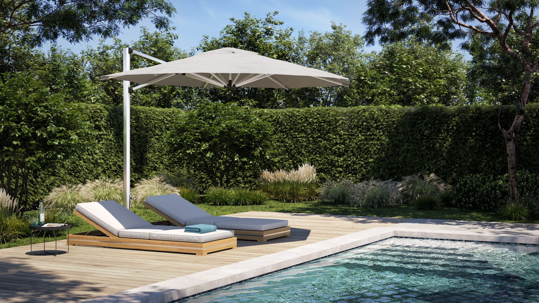 Shadowspec SU4 offset umbrella beside a landscaped swimming pool