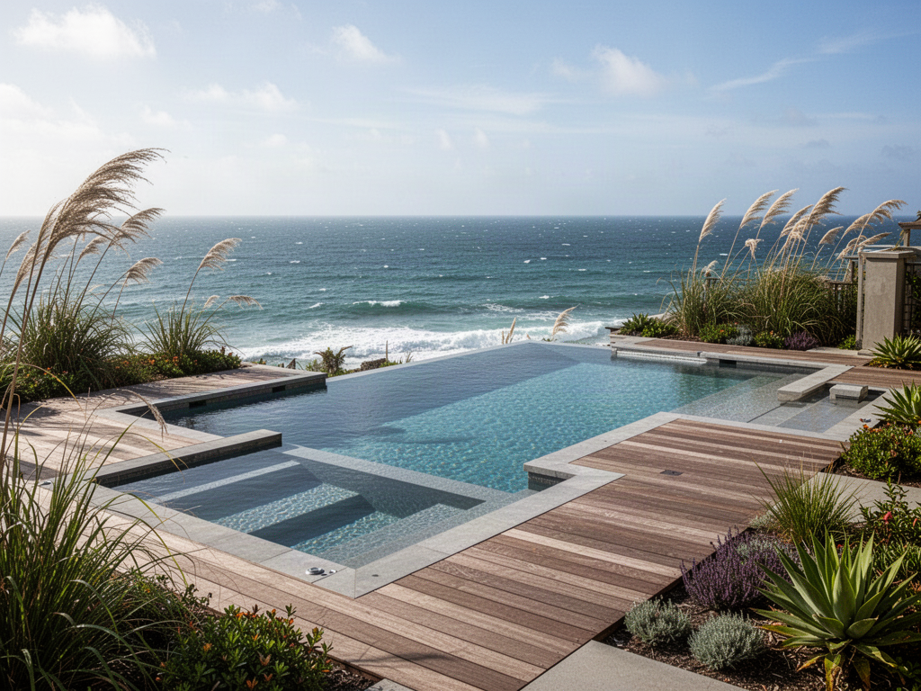 Outdoor modular pool in an exposed landscaped setting