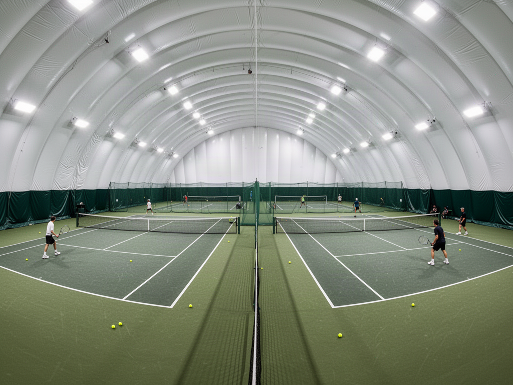 Two regulation tennis courts inside a large air-supported sports dome