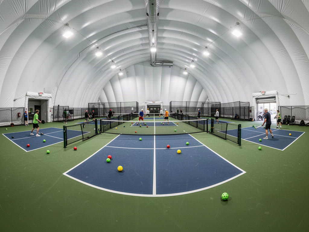 Dedicated pickleball courts inside a large air-supported sports dome