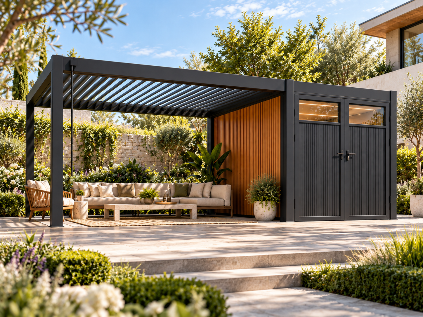 CADARN POD 3060 in a contemporary landscaped garden courtyard