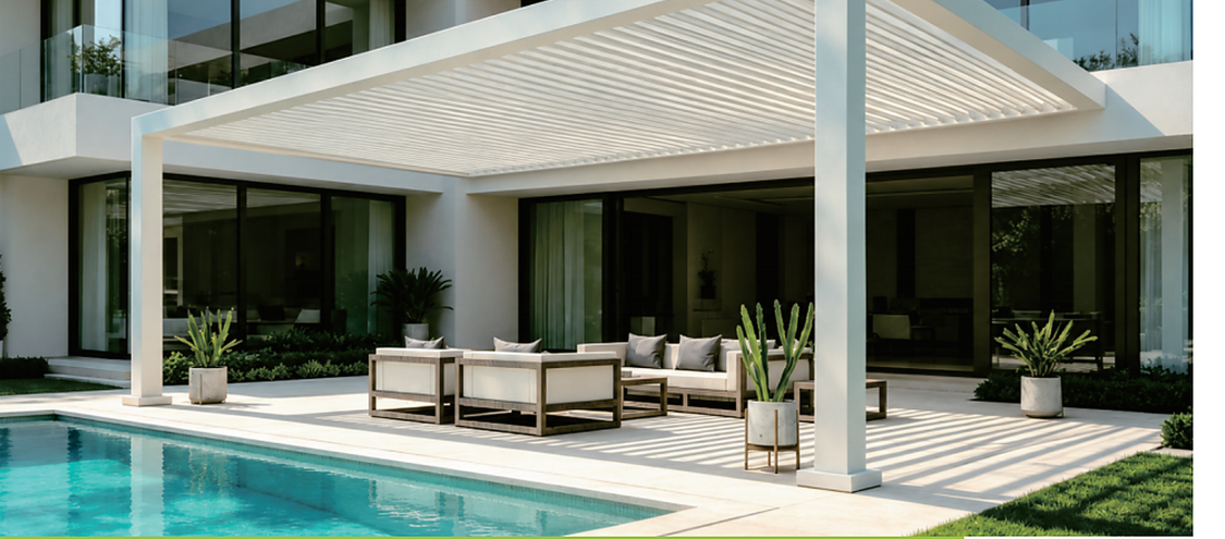 Wall-Mounted Motorised Double-Layer Pergola — aluminium louvre pergola