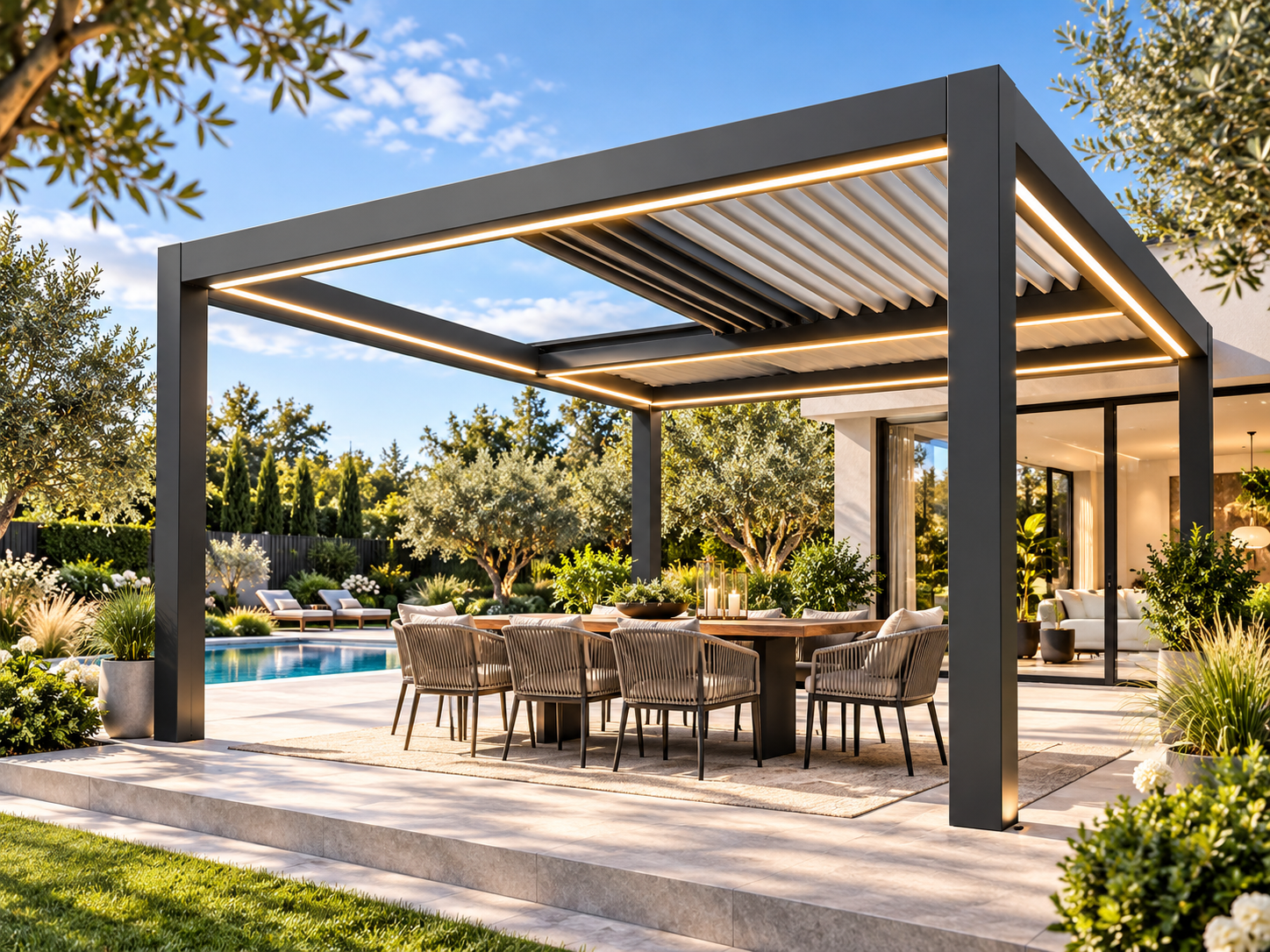 CADARN APERTA retractable aluminium roof over a contemporary residential outdoor dining area