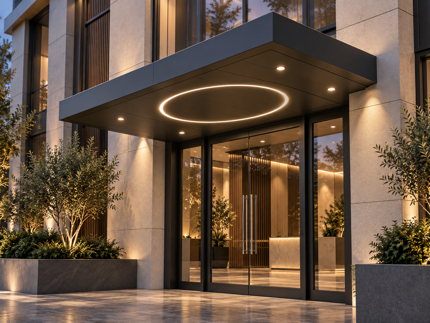 Graphite entrance canopy with circular ring light