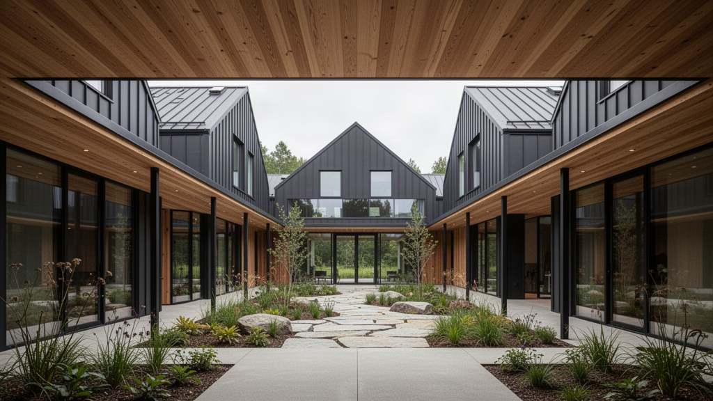 HALDVAR H4 COURT sheltered central courtyard with timber soffits, dark metal cladding and large glazing