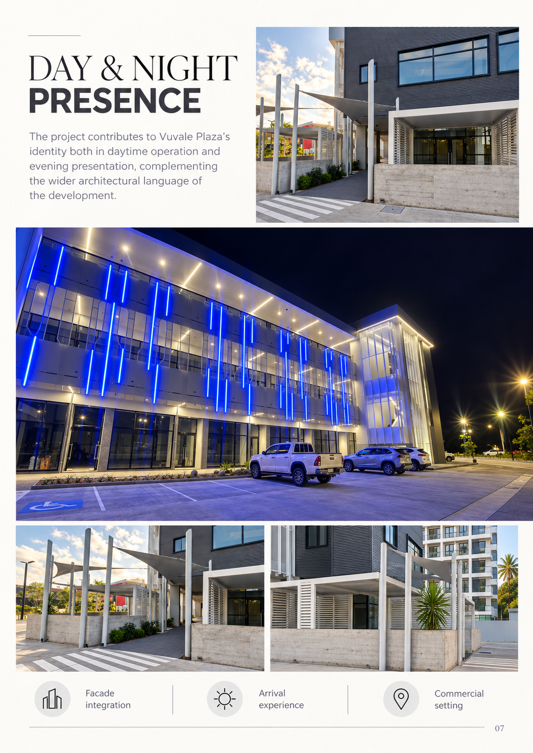 Vuvale Plaza day and night architectural presence case study page