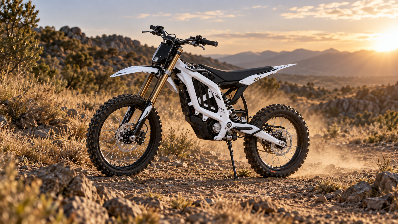 Representative high-output electric dirt bike on a dry rocky off-road trail