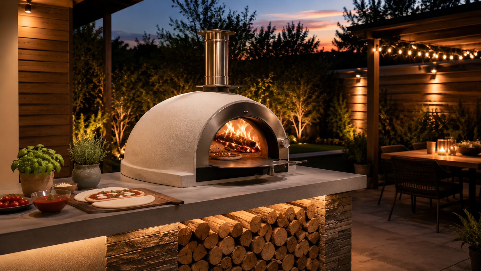 Wood-fired oven installed in a landscaped outdoor dining area