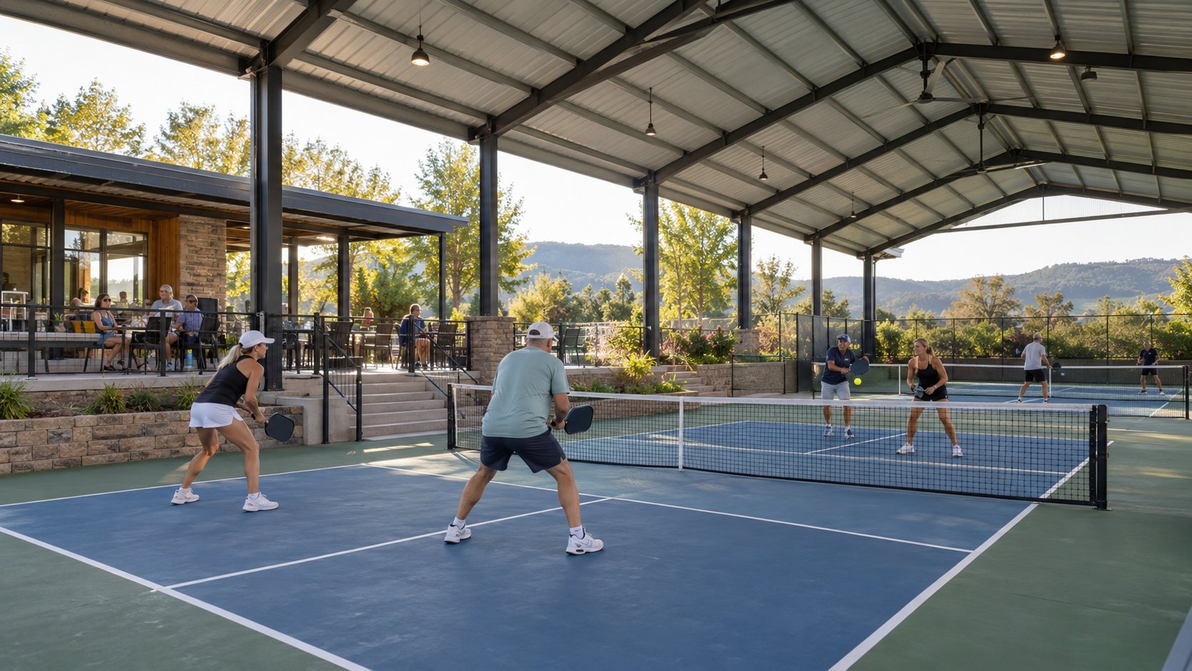 Covered outdoor pickleball pavilion with active courts and club seating