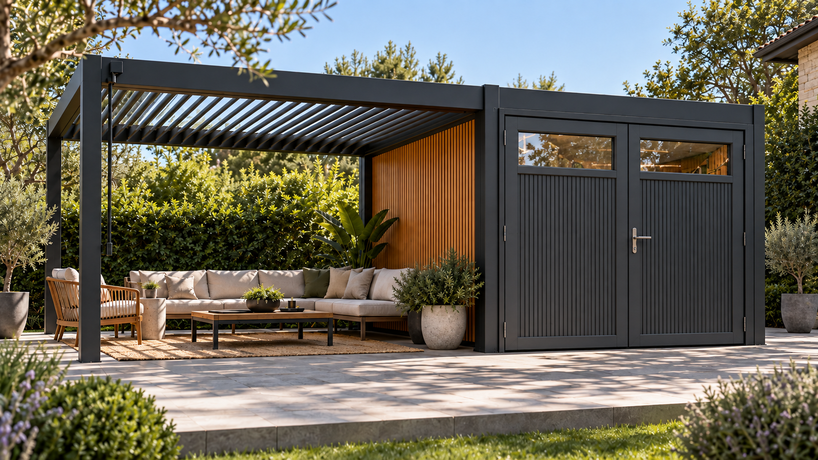 CADARN POD 3060 storage concept with the enclosed pod doors closed beside the louvre lounge area