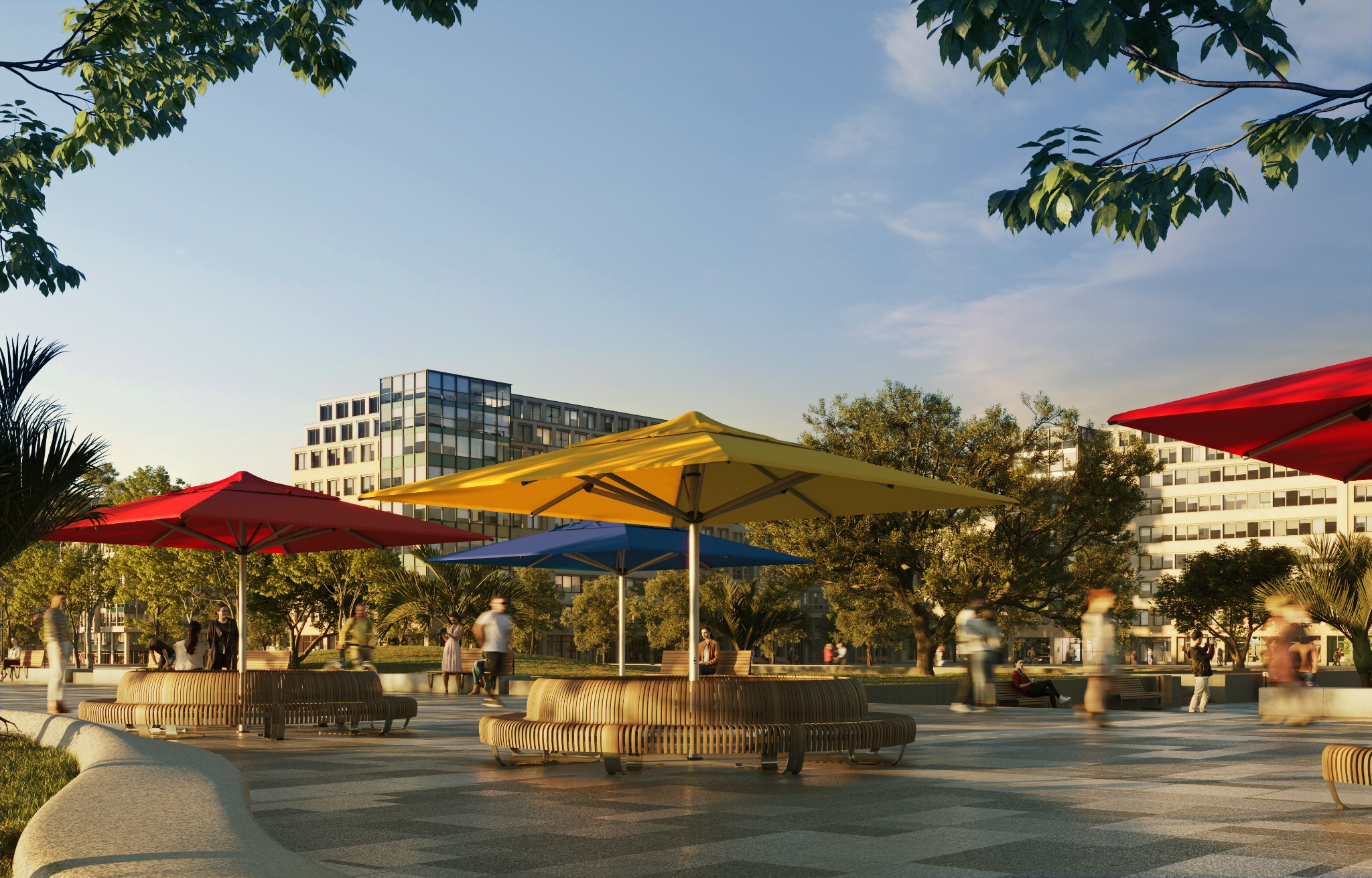 Shadowspec SU10 commercial centre-pole umbrellas at a hospitality venue