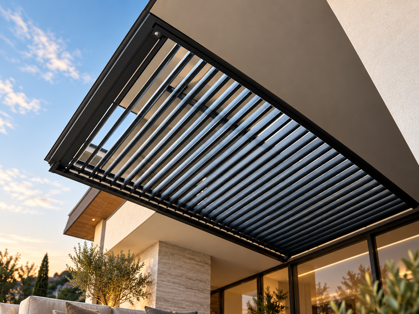Illustrative architectural outdoor living setting with louvred shade