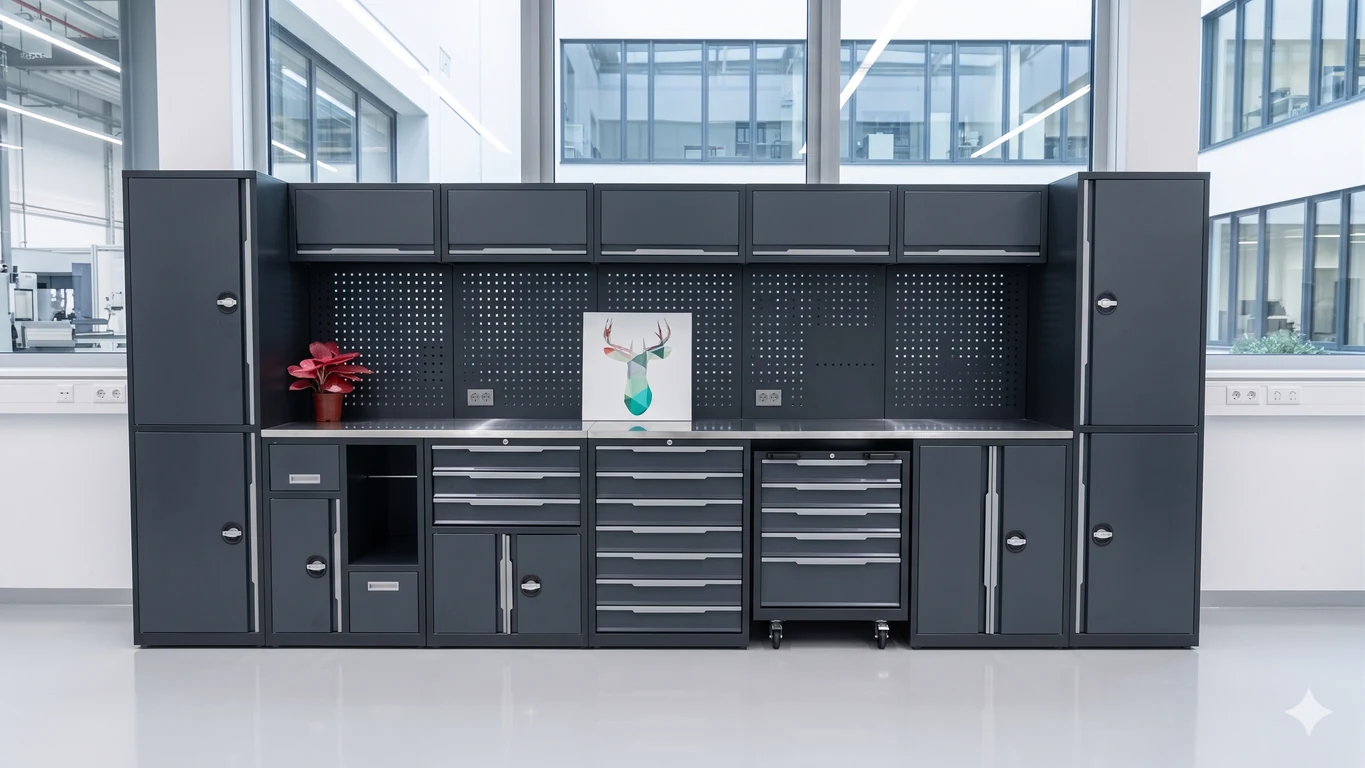 HAVENFORM modular steel tool storage cabinets in a workshop setting