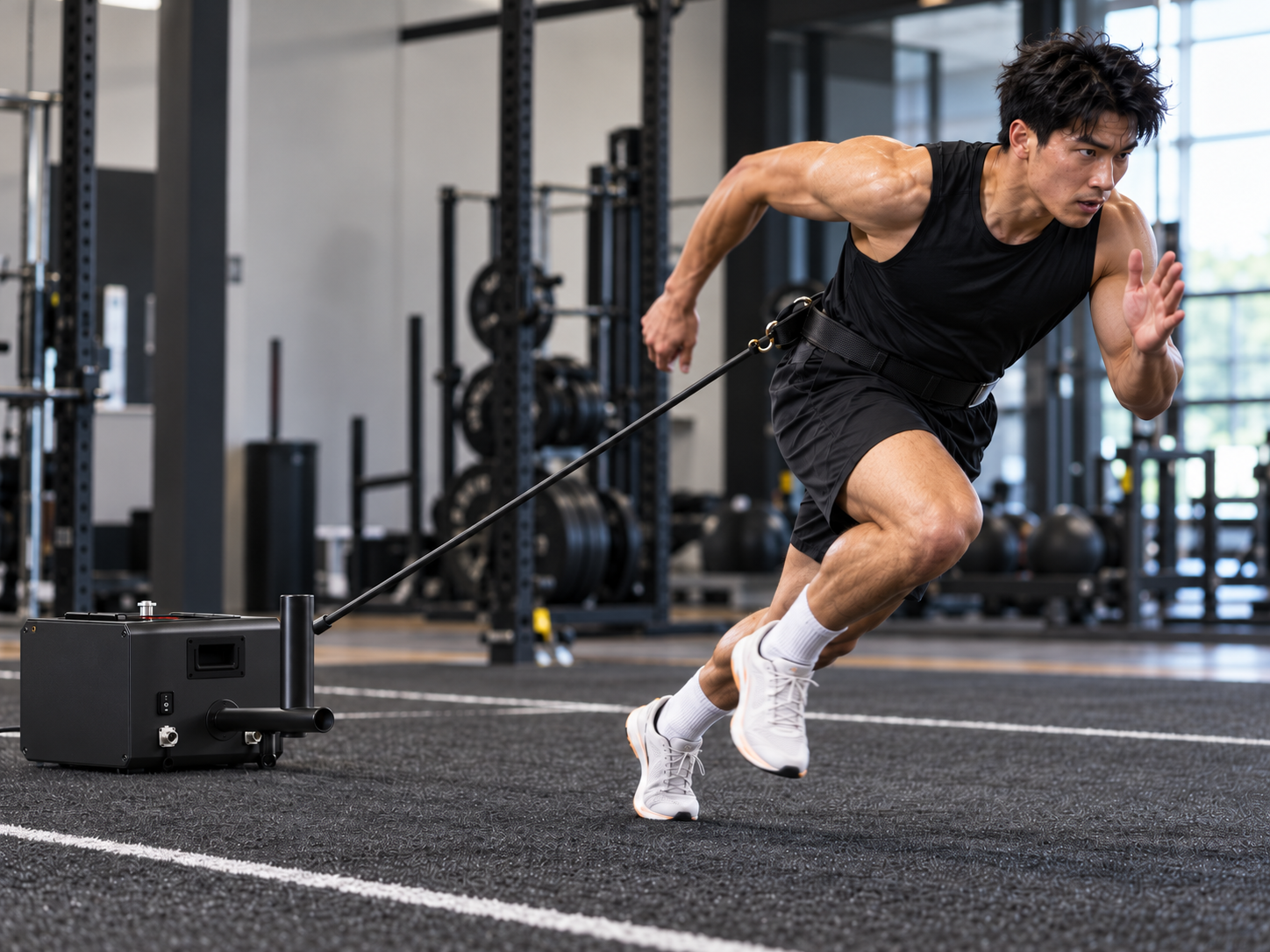 Illustrative athlete sprinting against a compact unbranded resistance unit in an indoor training facility