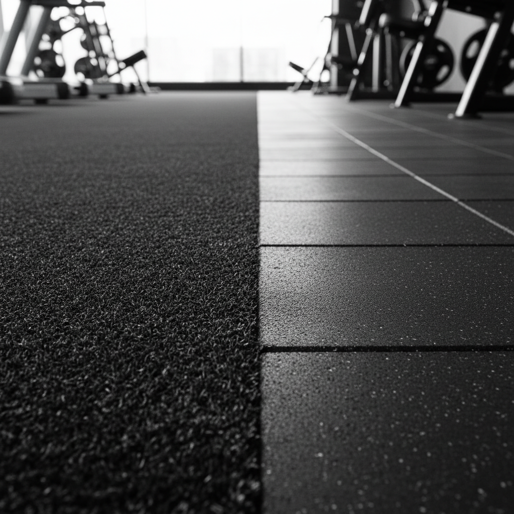 Detail of rubber gym flooring meeting a performance turf training zone
