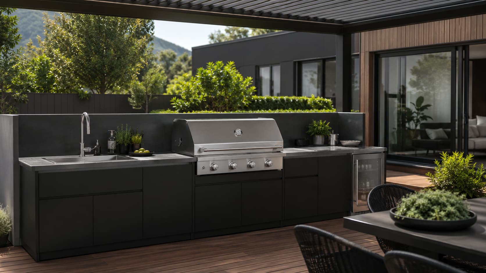 L-shaped ARVIK outdoor kitchen with sink barbecue and under-counter beverage fridge