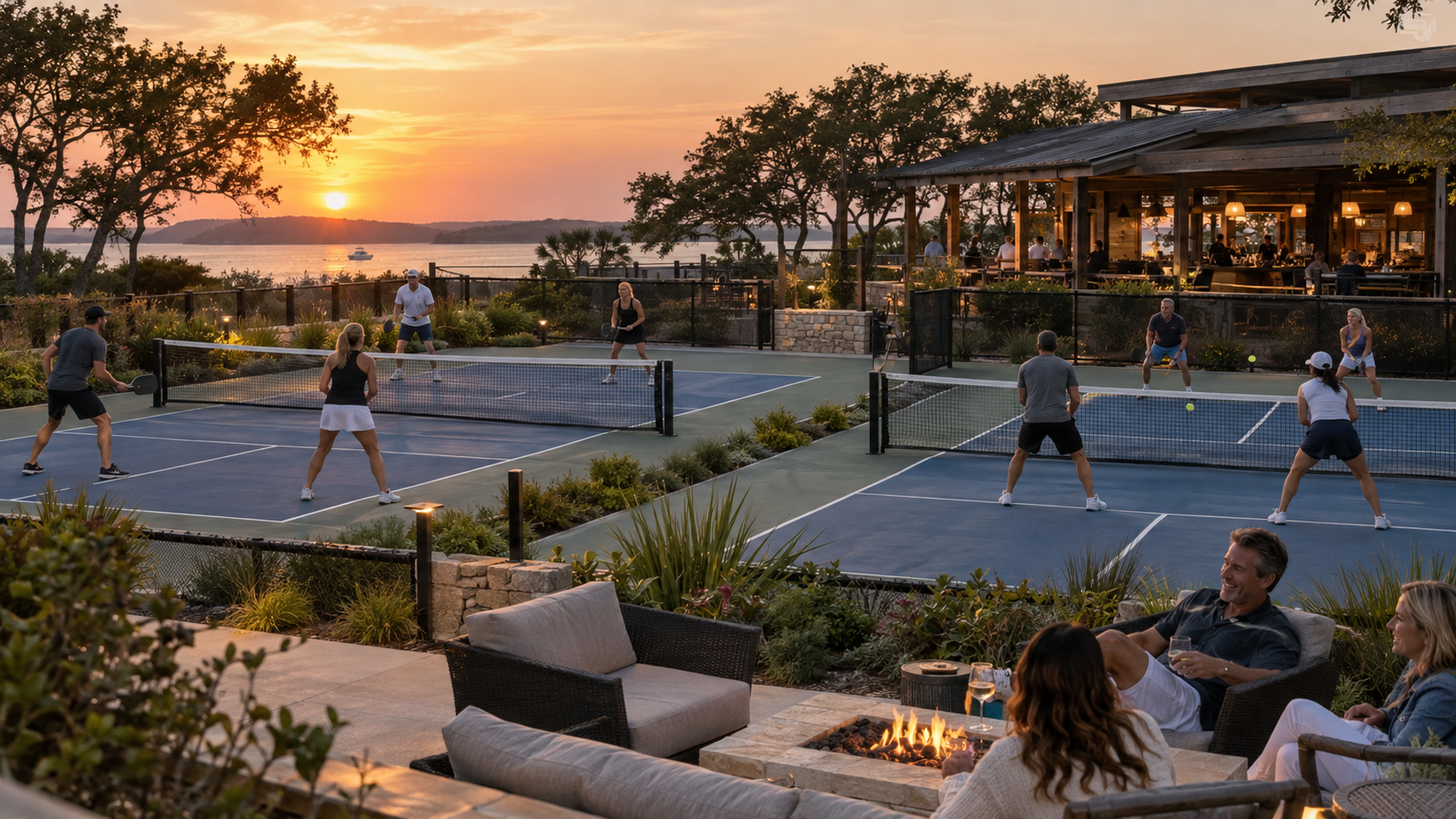 Realistic hospitality-led pickleball venue with courts, social seating and waterfront setting