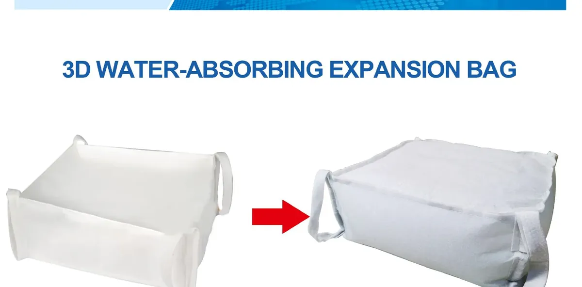 Three-dimensional water absorbing flood bags before and after expansion