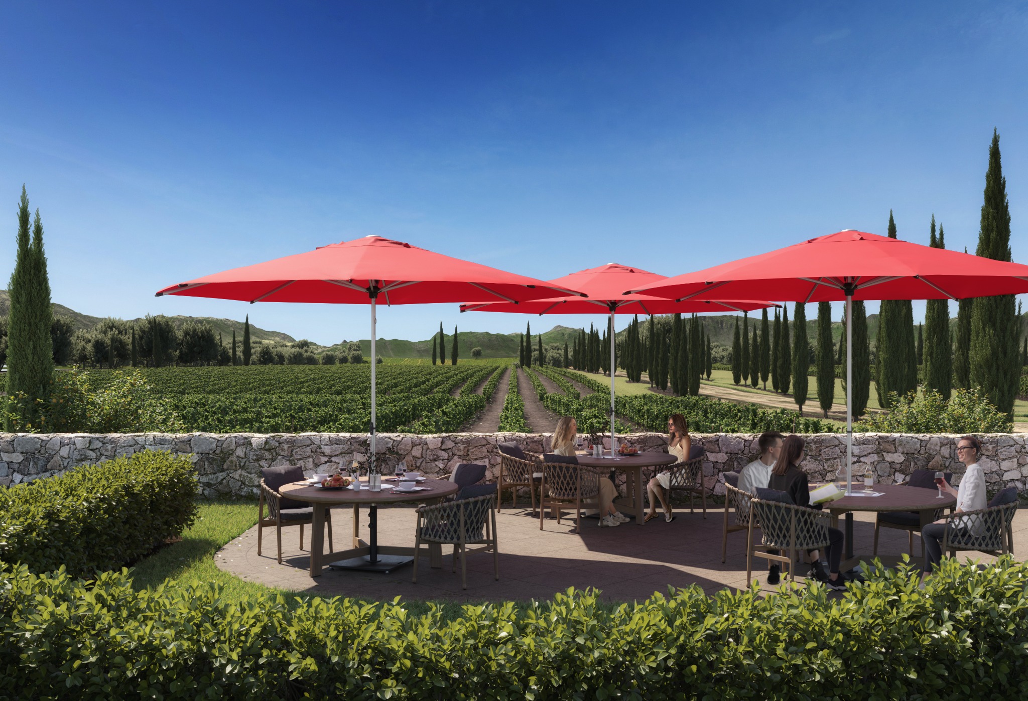 Shadowspec SU2 cafe and resort umbrella over an outdoor dining table