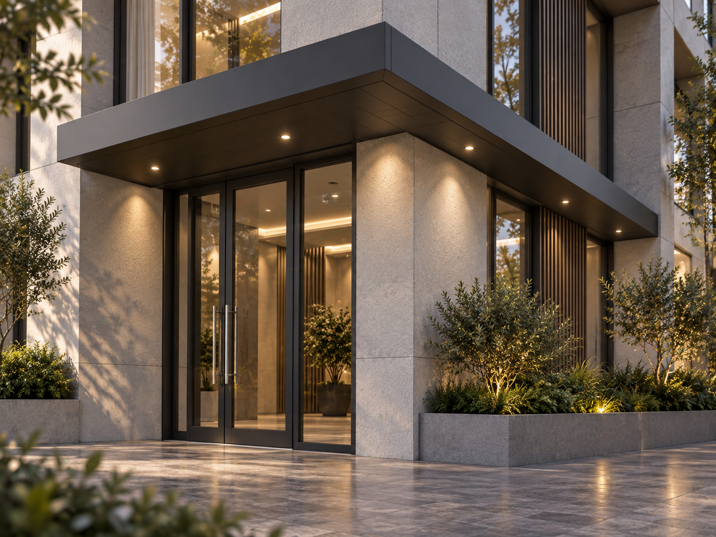 Graphite L-shaped entrance canopy