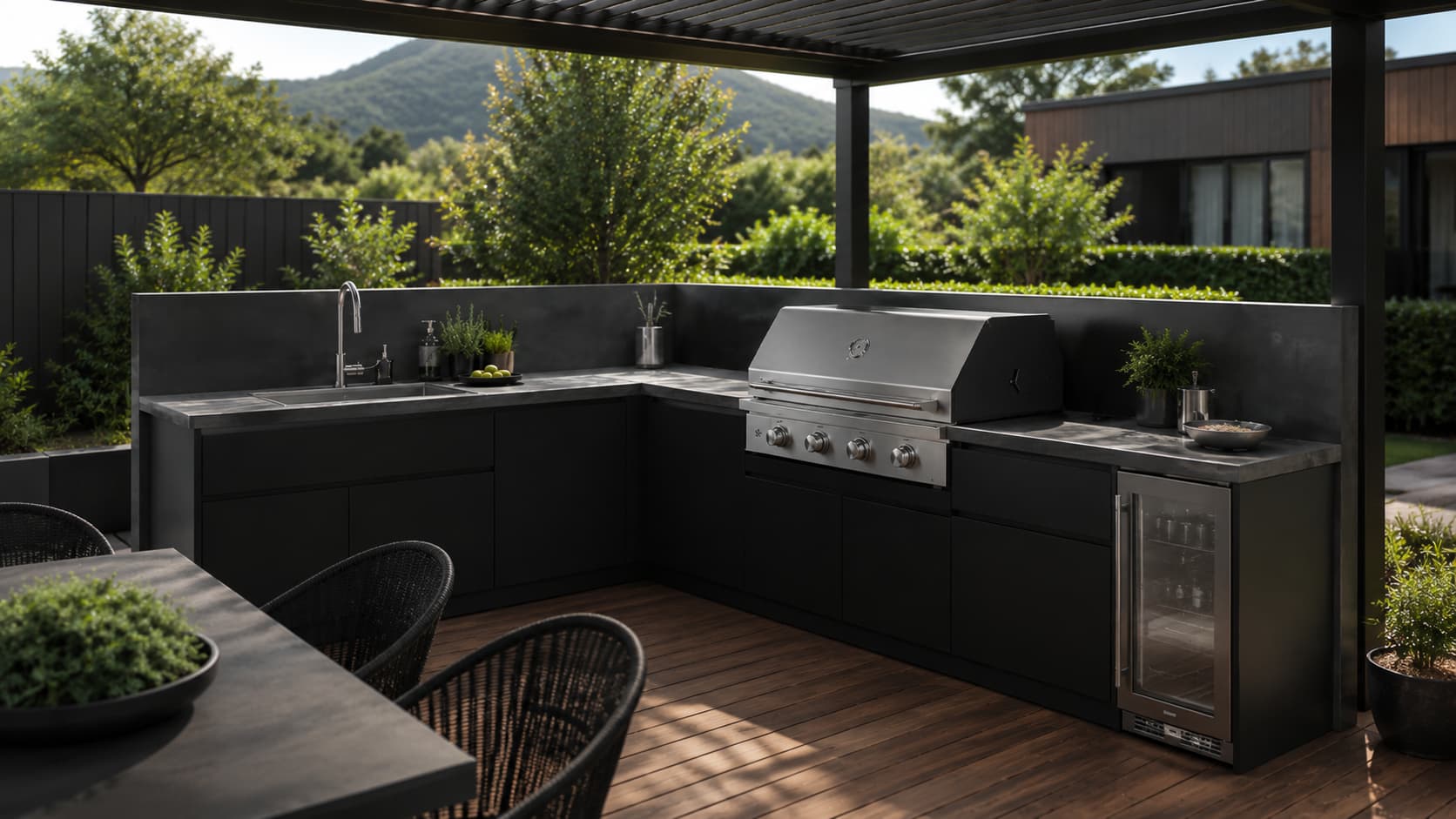 ARVIK black modular outdoor kitchen under an aluminium louvre roof