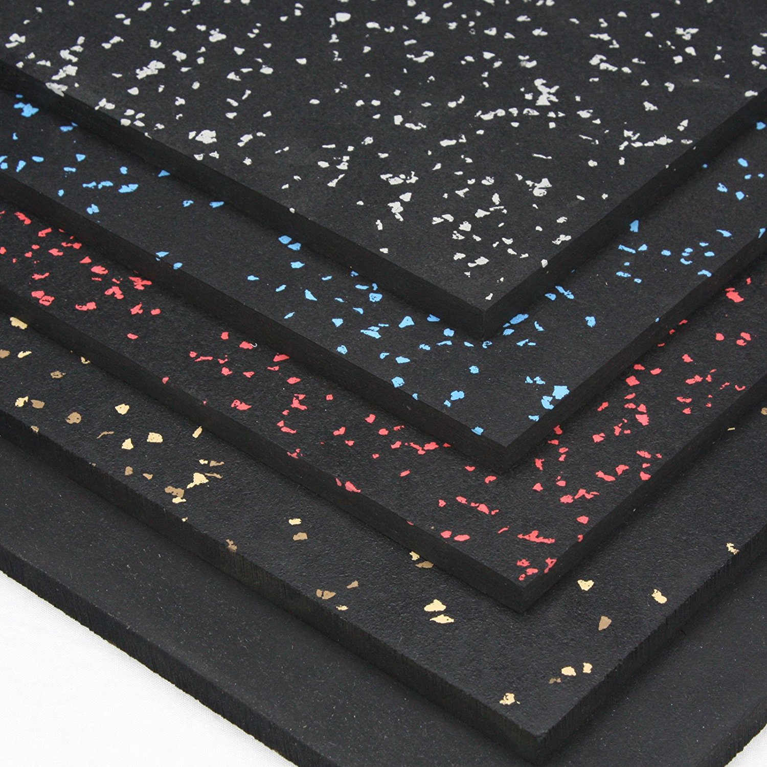 Stacked rubber gym floor tiles with black and coloured fleck finishes