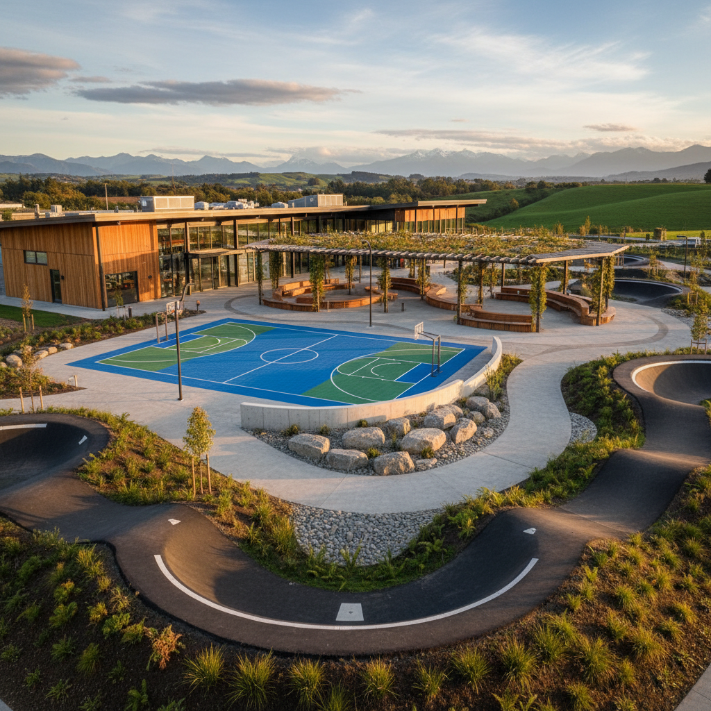 Public recreation facility with multi-sport court and modular pump track