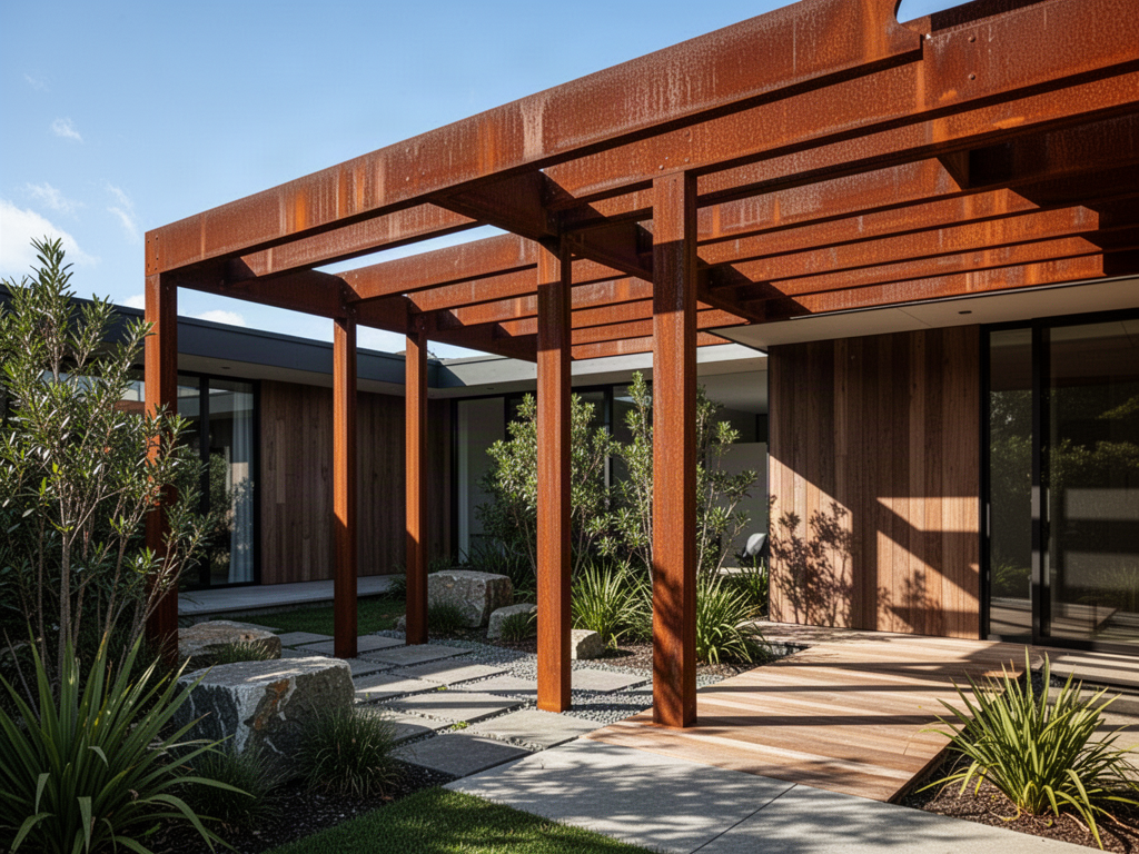 Illustrative Corten weathering-steel open-beam pergola beside a contemporary New Zealand home