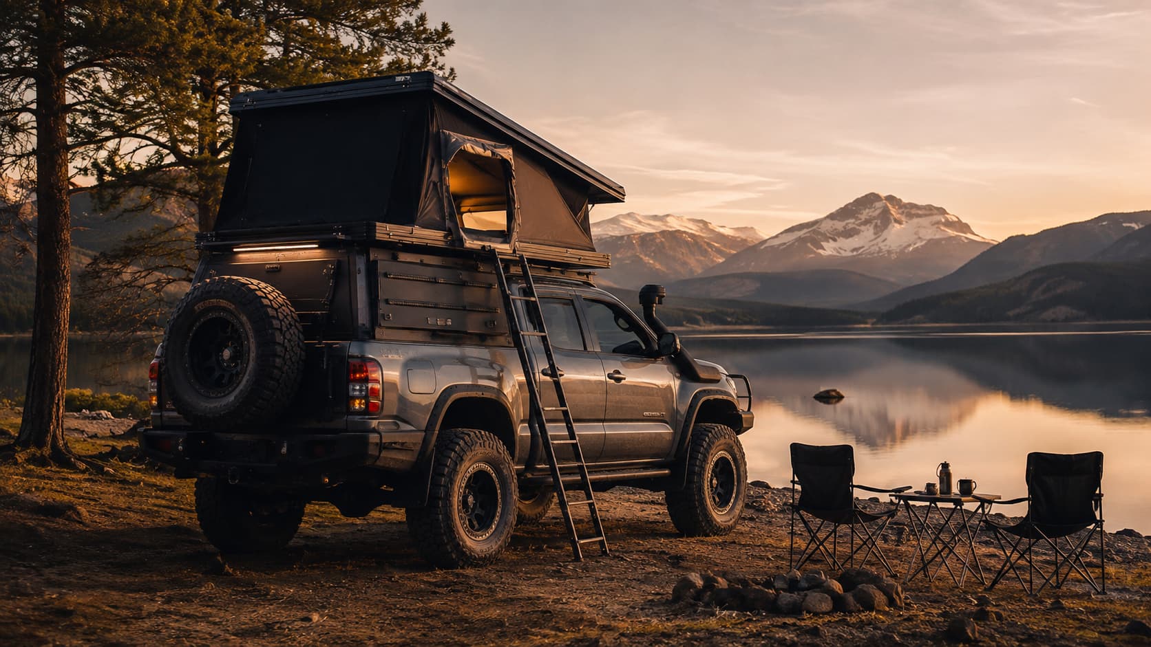 TerraRise pickup canopy with rooftop camping section deployed beside a mountain lake