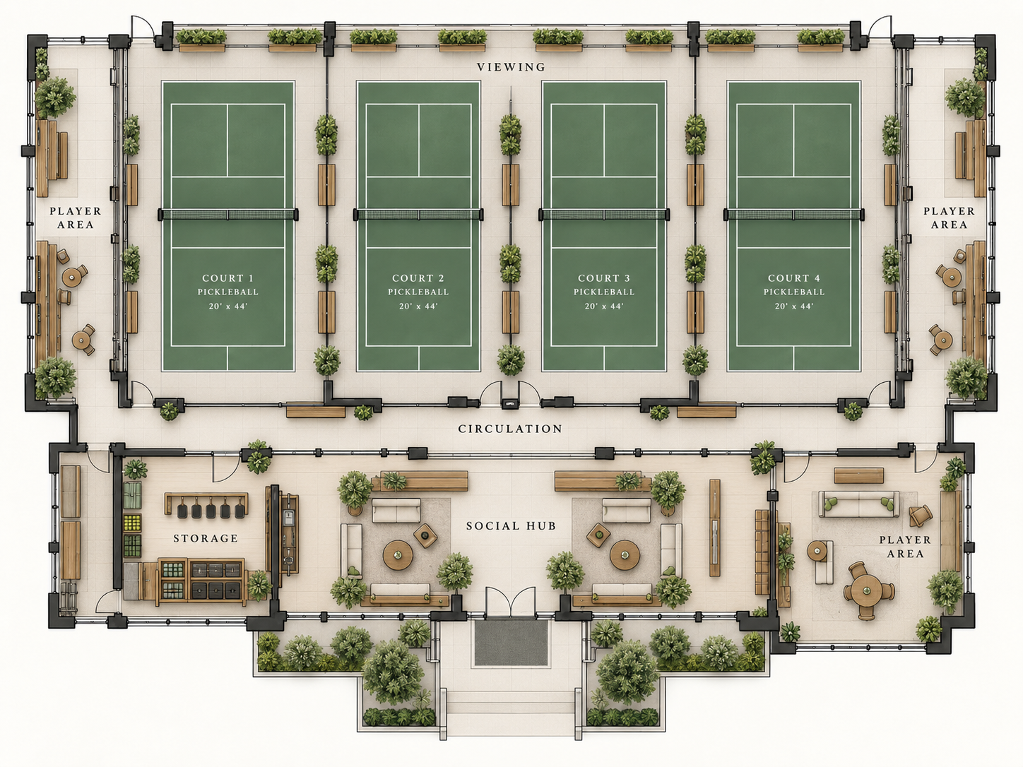Four-court pickleball club floor plan with viewing, player areas, storage and social hub