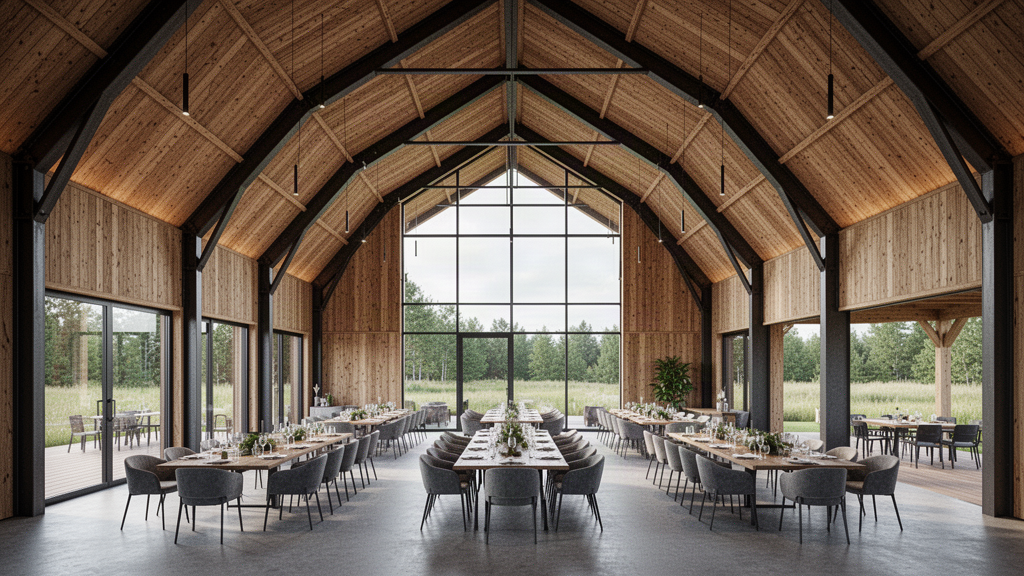HALDVAR H7 LODGE interior gathering hall under a vaulted barn roof
