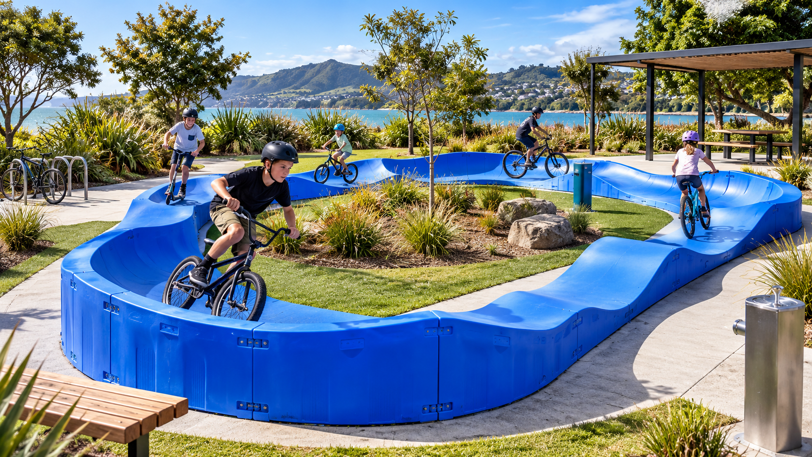 RIDEspan modular pump track in a landscaped public park with riders moving in one direction