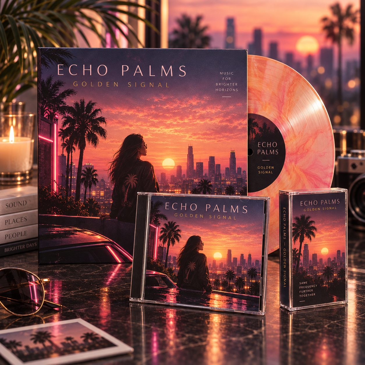 Fictional coordinated LP, CD and cassette artwork system