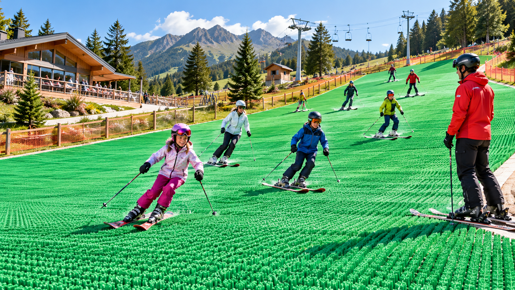 All-season synthetic learn-to-ski slope with coached riders