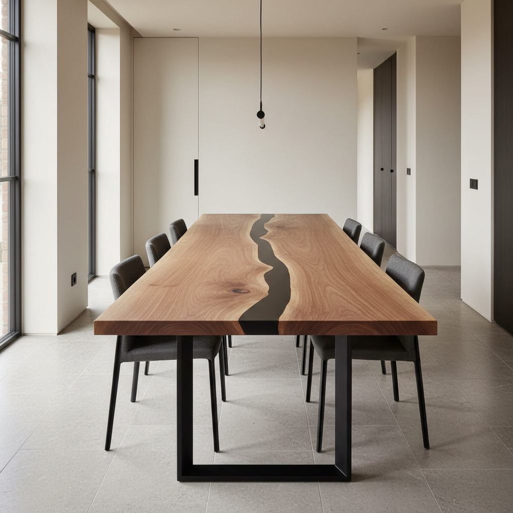 Editorial visual for the SKELVAR ATELIER SVART walnut and dark resin dining table