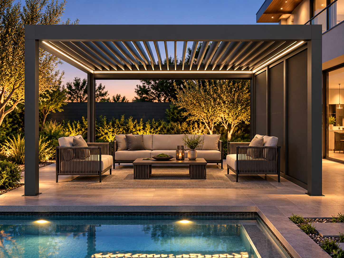 Illustrative aluminium louvred pergola in a lit outdoor evening setting