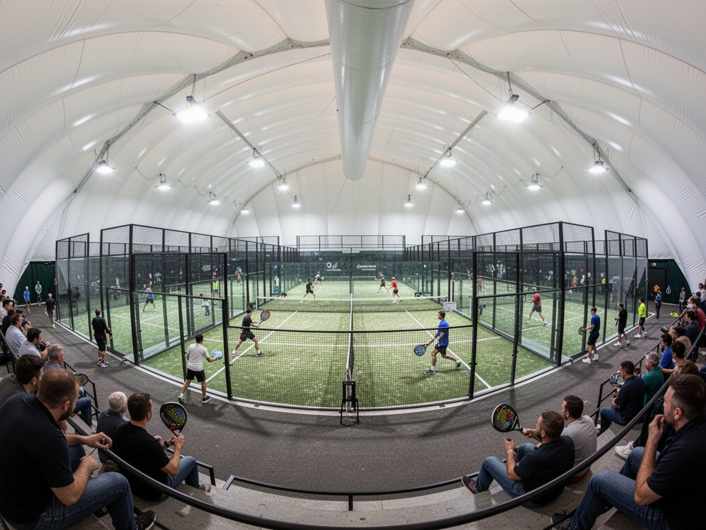 Glass-enclosed padel courts inside a large air-supported sports dome