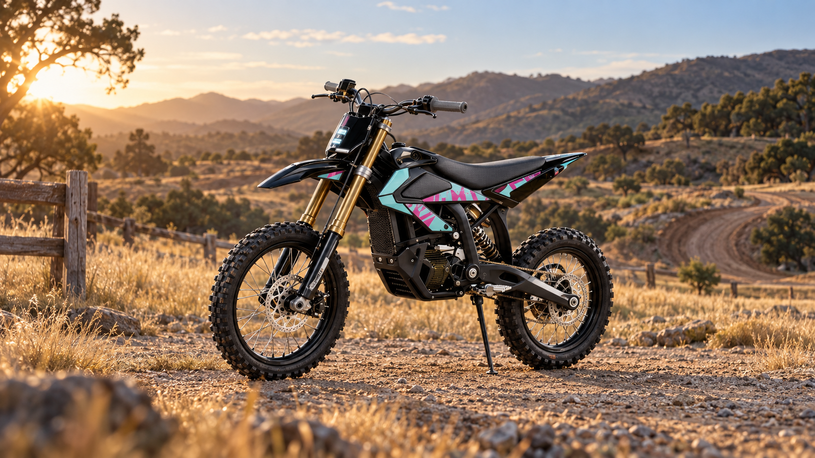 Representative compact electric off-road motorcycle on a private-country riding trail