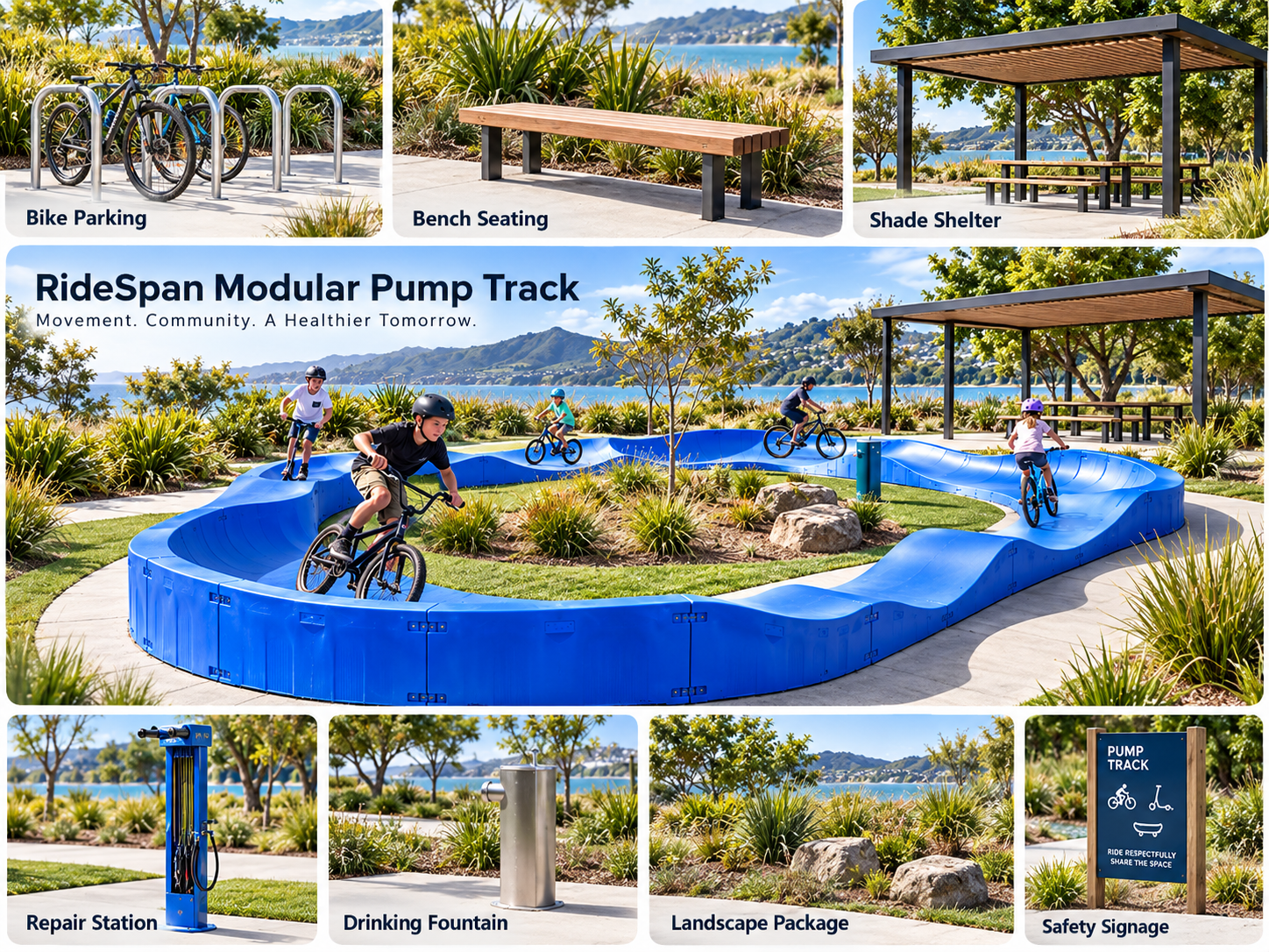 RIDEspan complete community movement park package showing bike parking seating shade repair station and landscaping