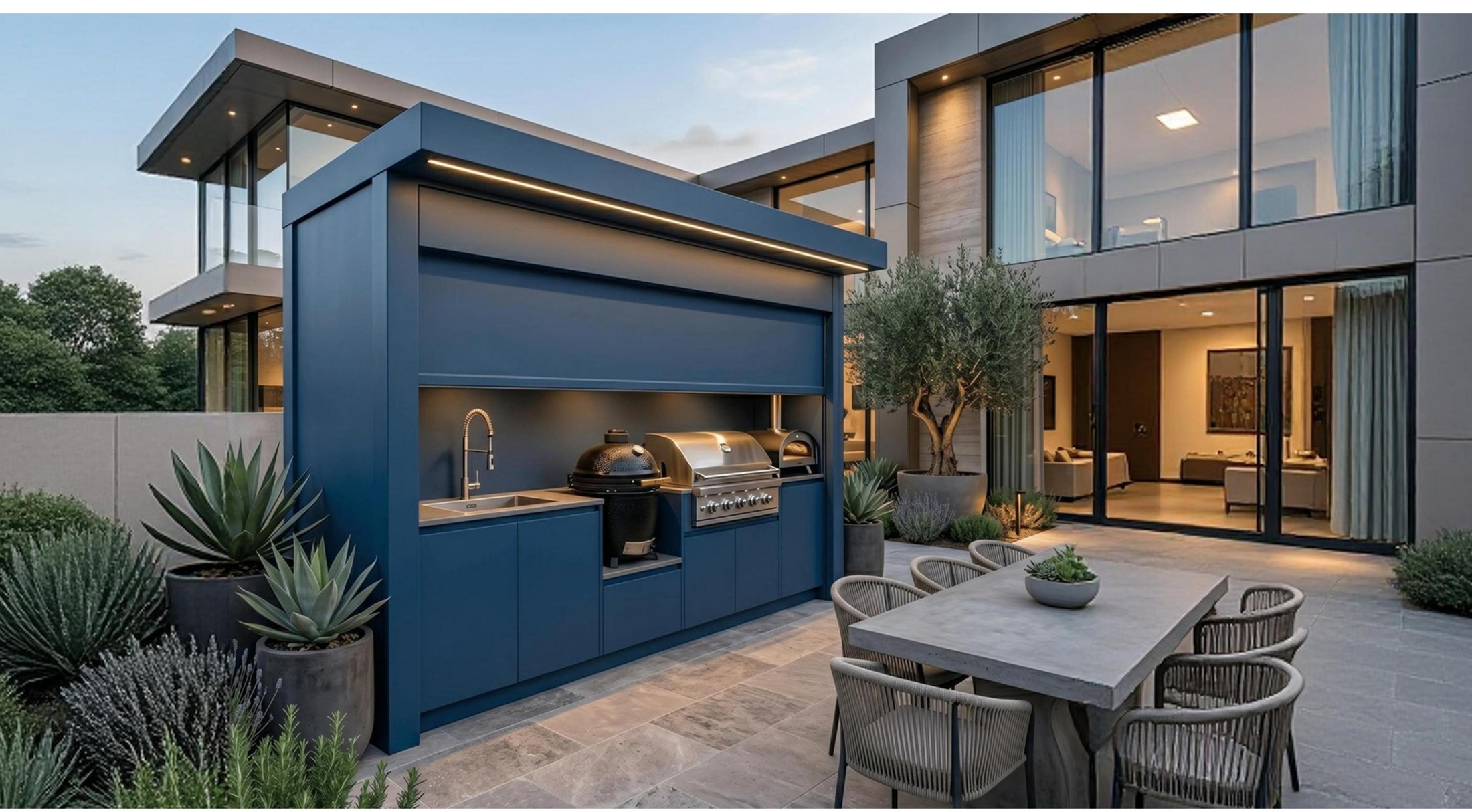 NORDVAL Secure roll-up outdoor kitchen pavilion beside a contemporary home