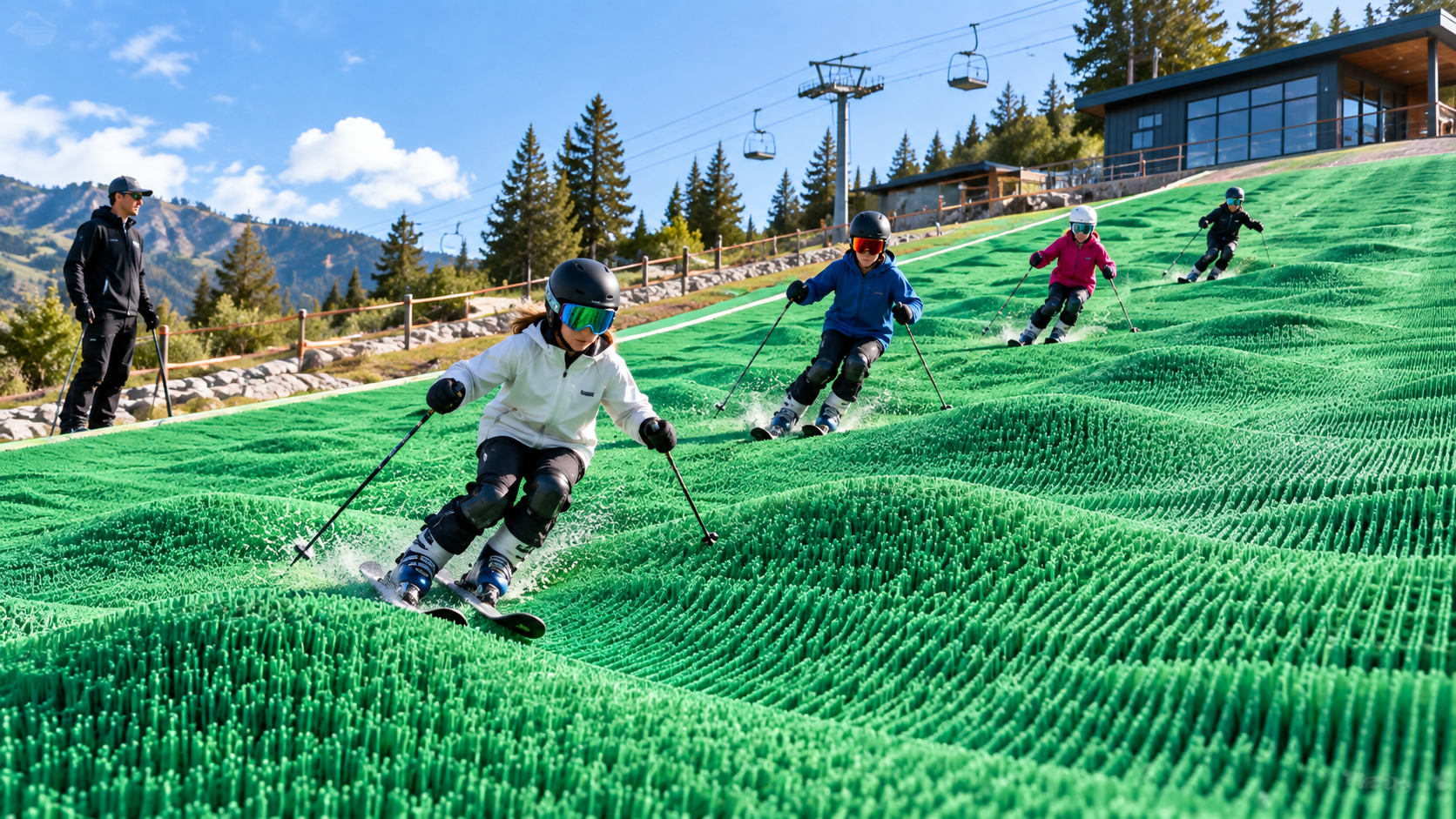 All-season synthetic mogul training slope with skiers