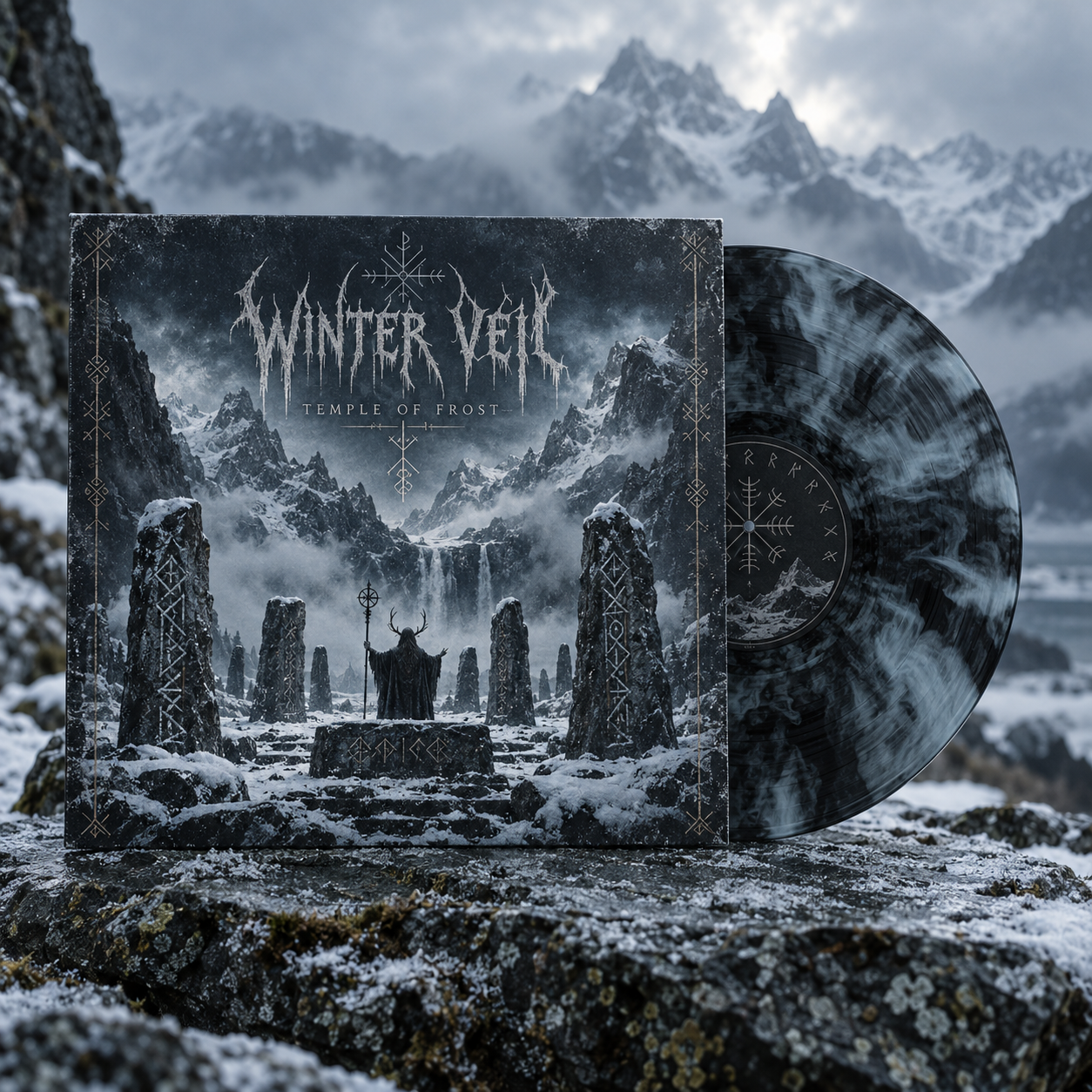 Fictional atmospheric metal vinyl release in a mountain setting