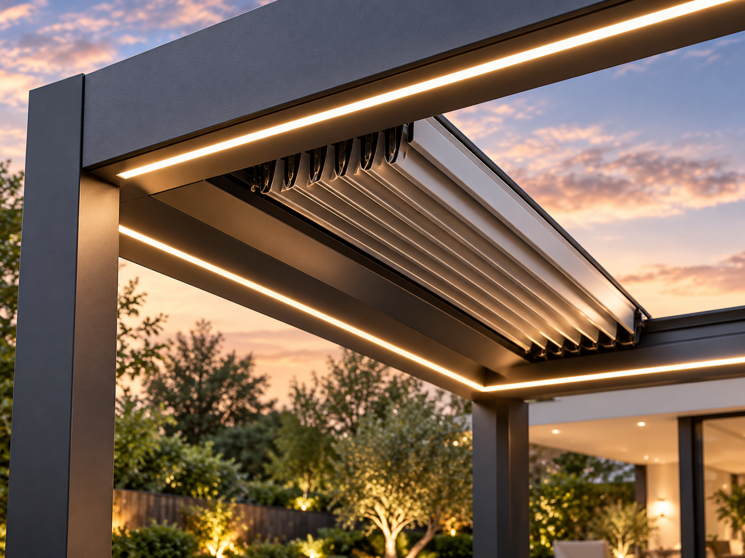 Close-up of CADARN APERTA retractable aluminium blades stacked toward one end of the roof with integrated LED lighting