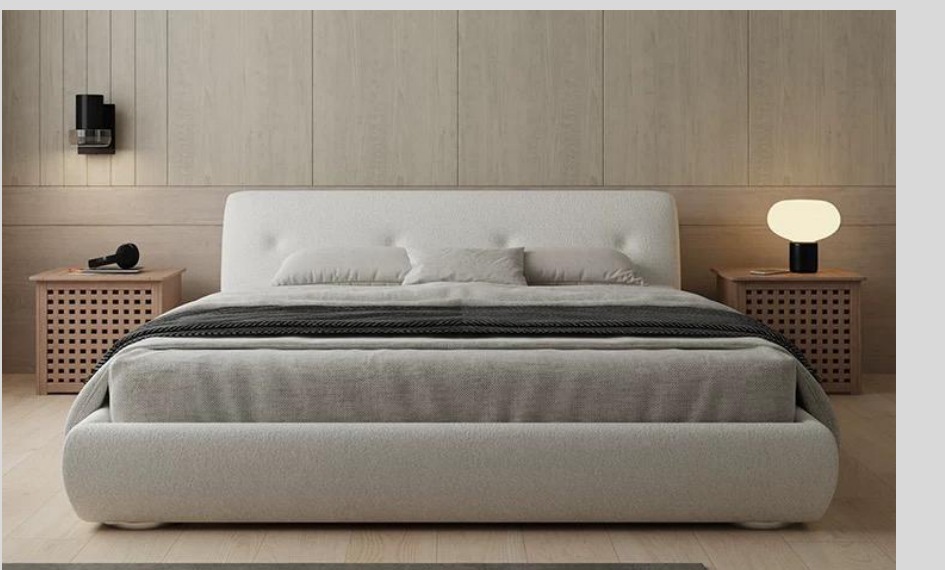 SKELVAR lowline Nordic bed in pale boucle-style textured upholstery