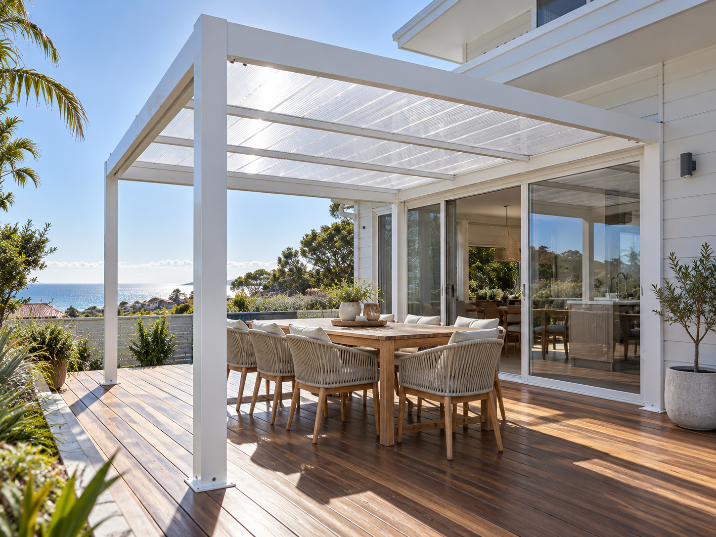 White CADARN Fixed Roof over a coastal outdoor dining deck