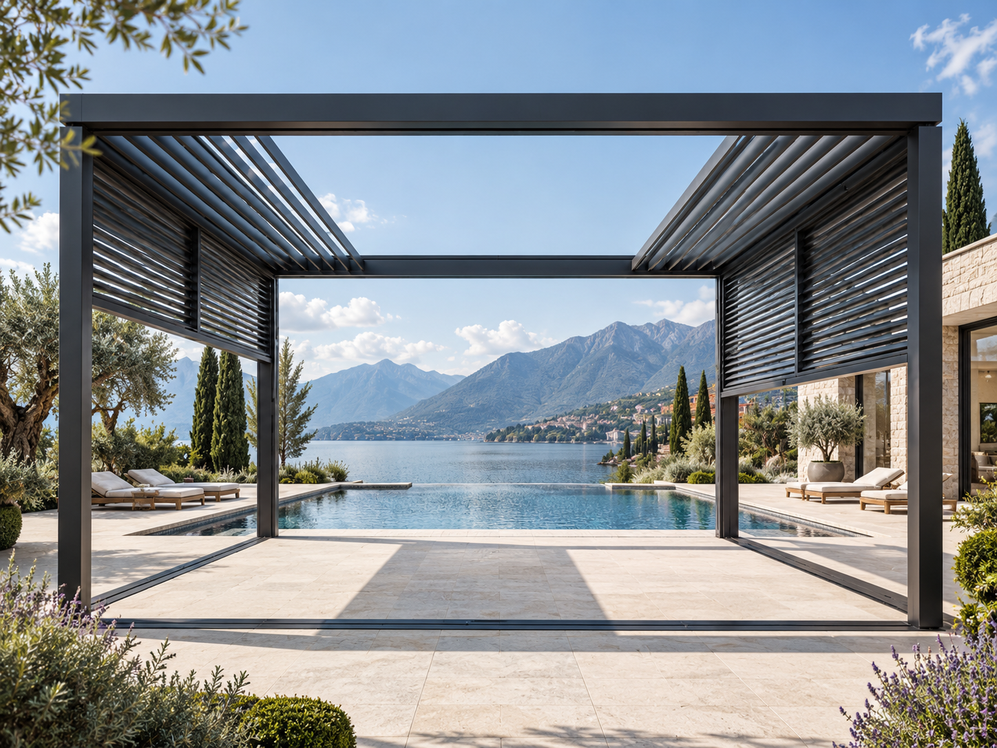 Retractable aluminium louvre roof opened above a mountain-lake terrace