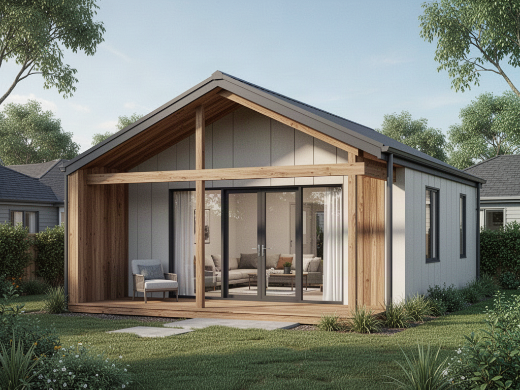 ARVELL prefabricated verandah home in a prepared residential landscape