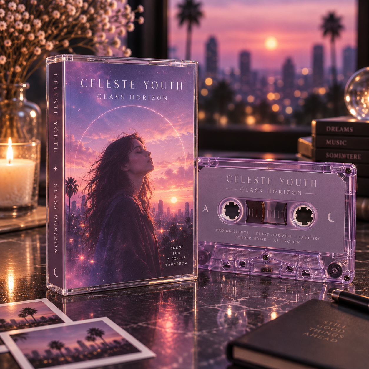 Fictional dream-pop cassette release with lavender shell and twilight artwork