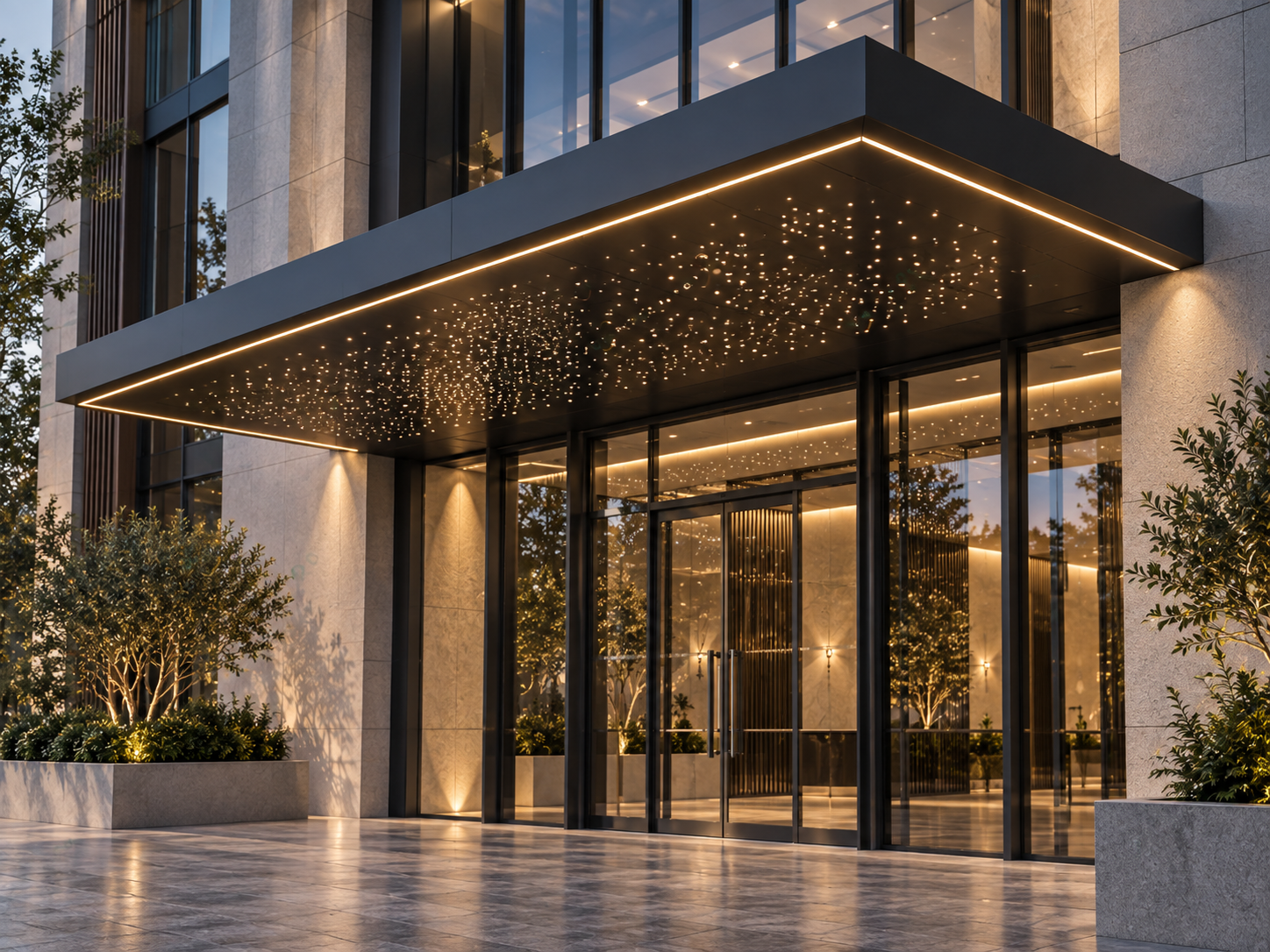 Graphite entrance canopy with feature starlight ceiling